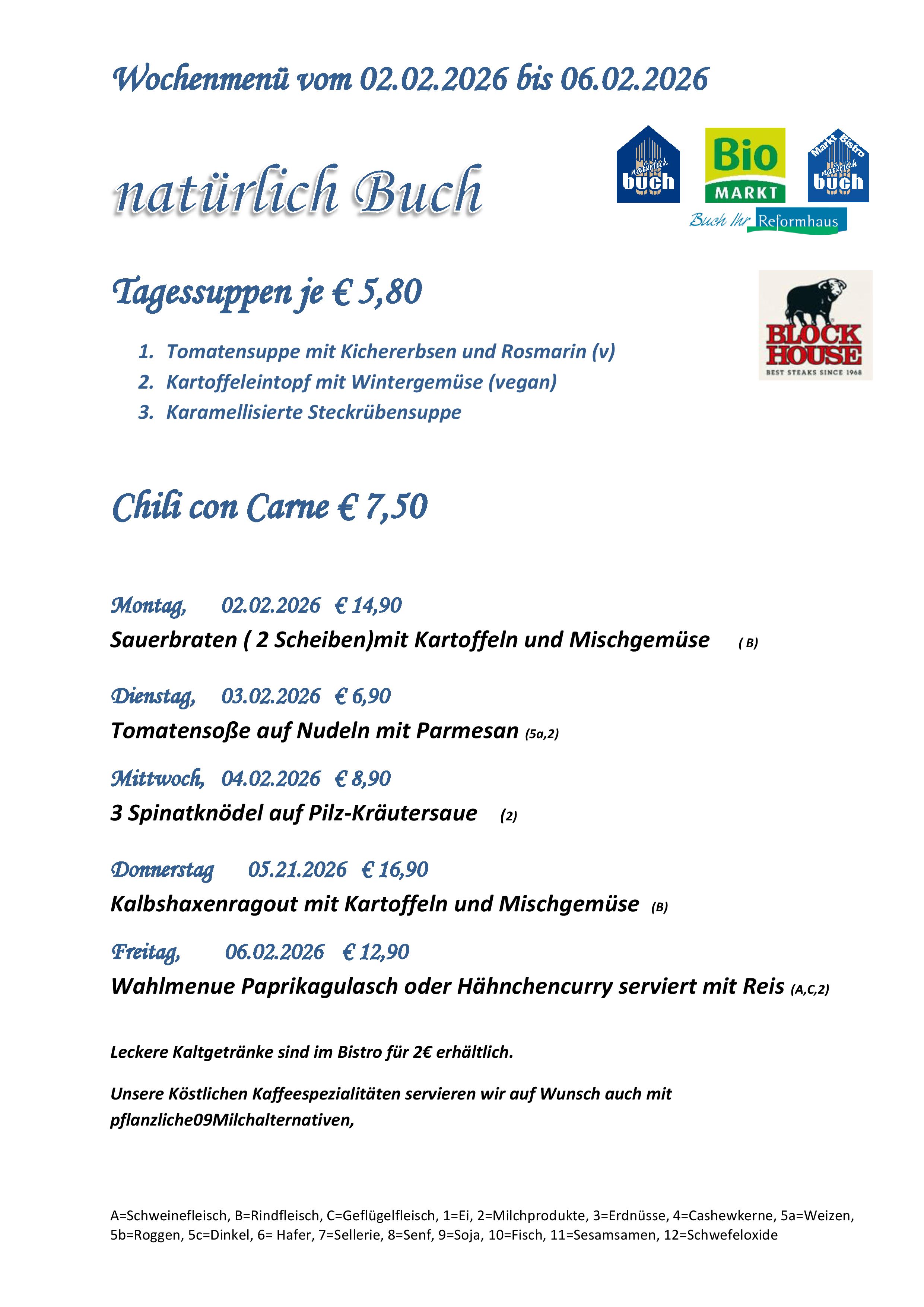 Gerichte im Bistro Buch. Das Wochen-Menü.